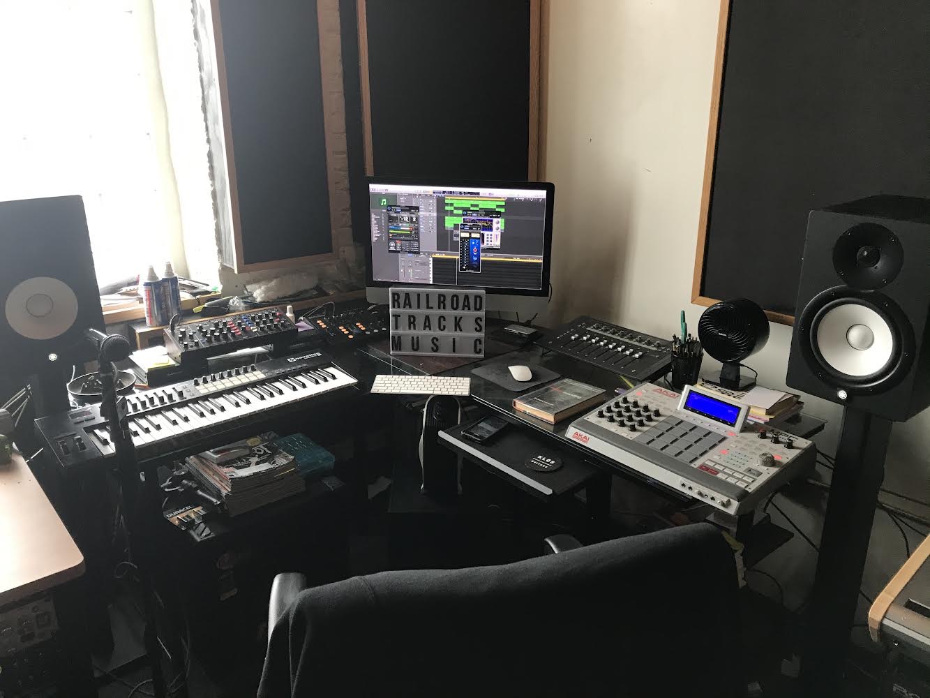 Recording Desk set-up with Railroad Track's Music Sign 