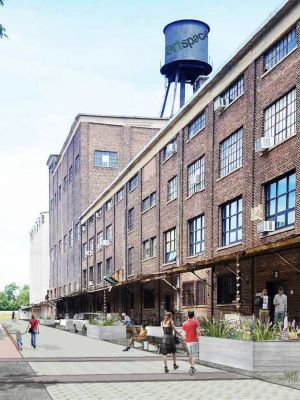 Exterior rendering of the Northrup King Building showing outdoor improvements and circulation.