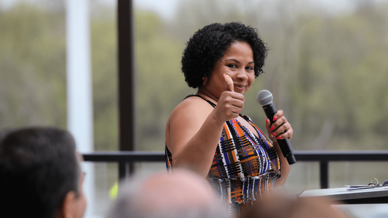 Estrella Carter speaking at Artspace Hastings Grand Opening