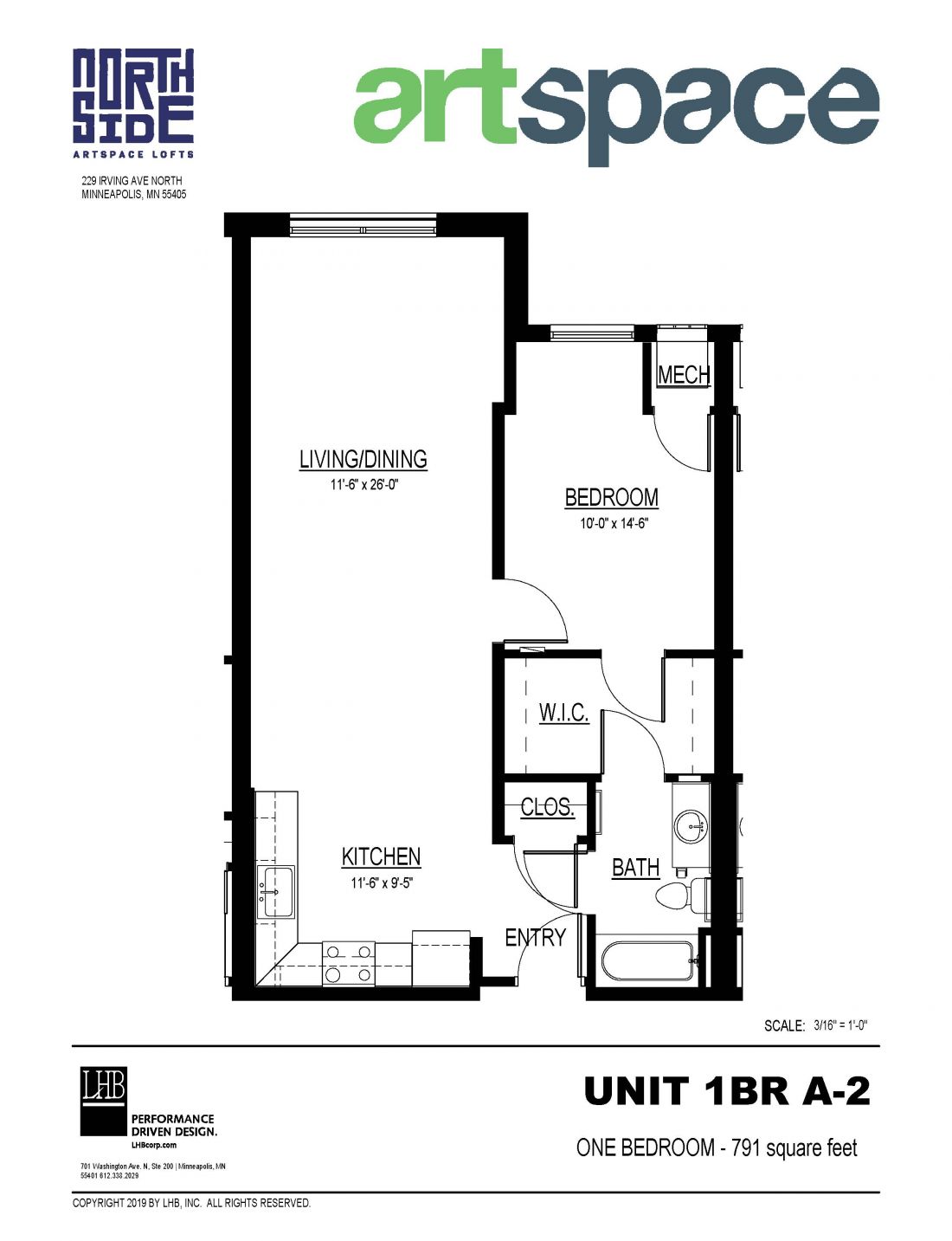 1 Bedroom Floor Plan for Unit 1BR A-2.