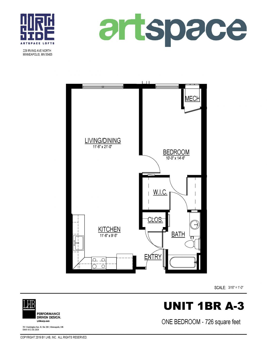 1 Bedroom Floor Plan for Unit 1BR A-3.