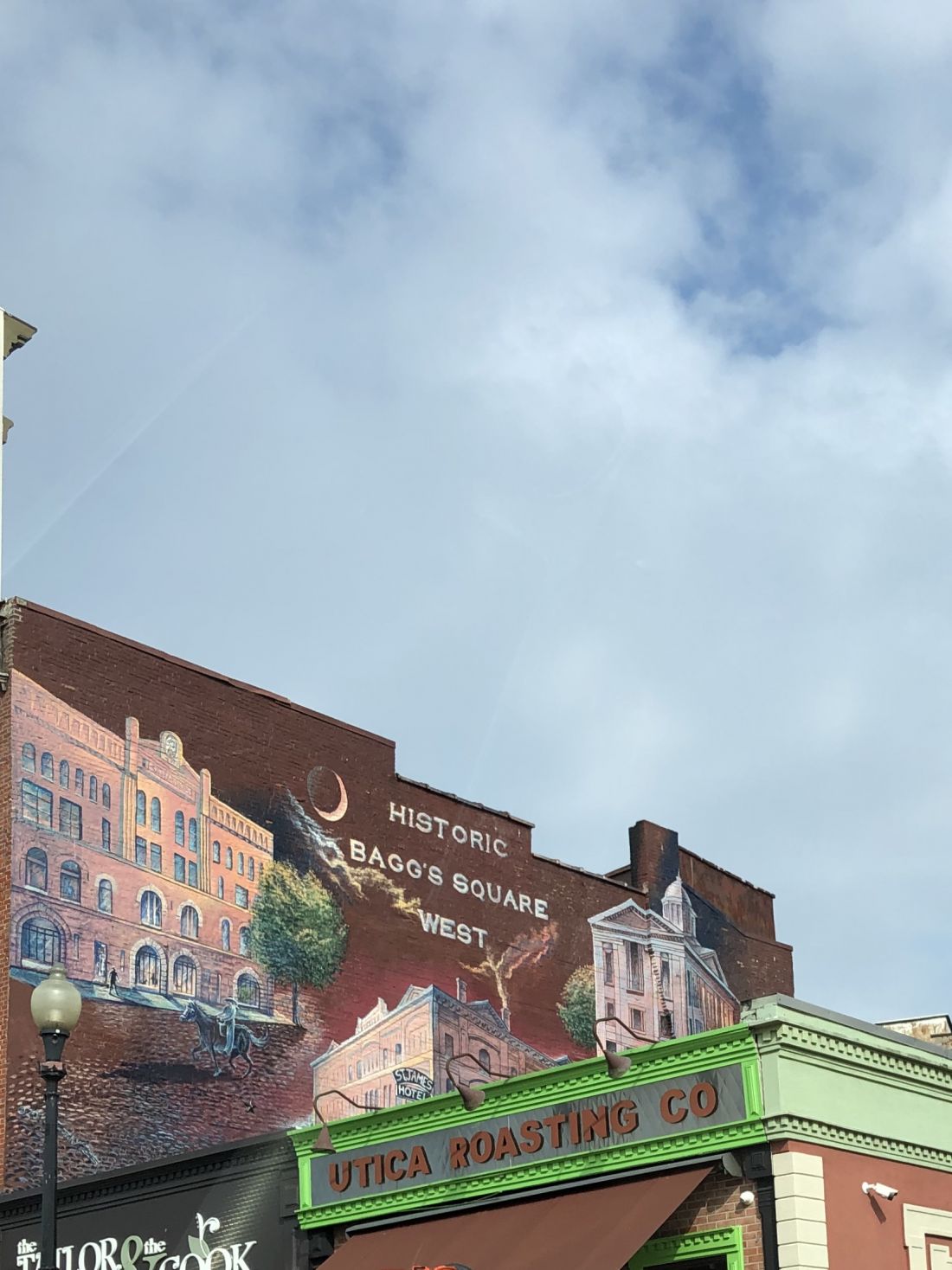 Historic Baggs Square West Mural painted images of 3 historic buildings in Utica