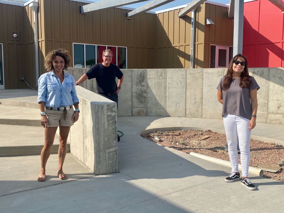 Lakota Funds Executive Director Tawney Brunsch; Artspace Senior Vice President of Properties, Greg Handberg; and First Peoples Fund Executive Director Lori Pourier at the newly constructed Oglala Lakota Artspace Building