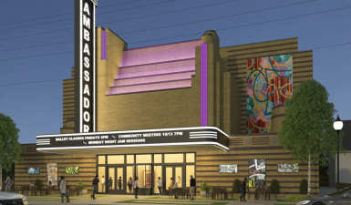 Rendering of the Ambassador Theater, Lights lit up against a night sky