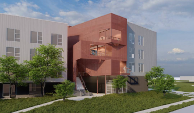 A 3D exterior rendering of SOMO Artspace Lofts with grey walls and a brown staircase
