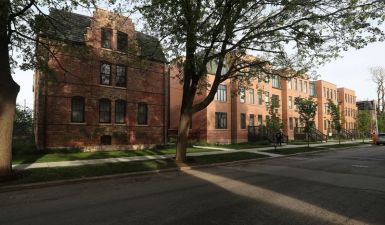 A Long view of the brick Exterior of Pullman Artspace Lofts